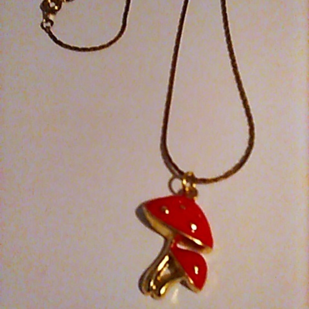 Necklace Mushroom Double Red On Vintage Gold-Tone Chain Handcrafted Fairycore